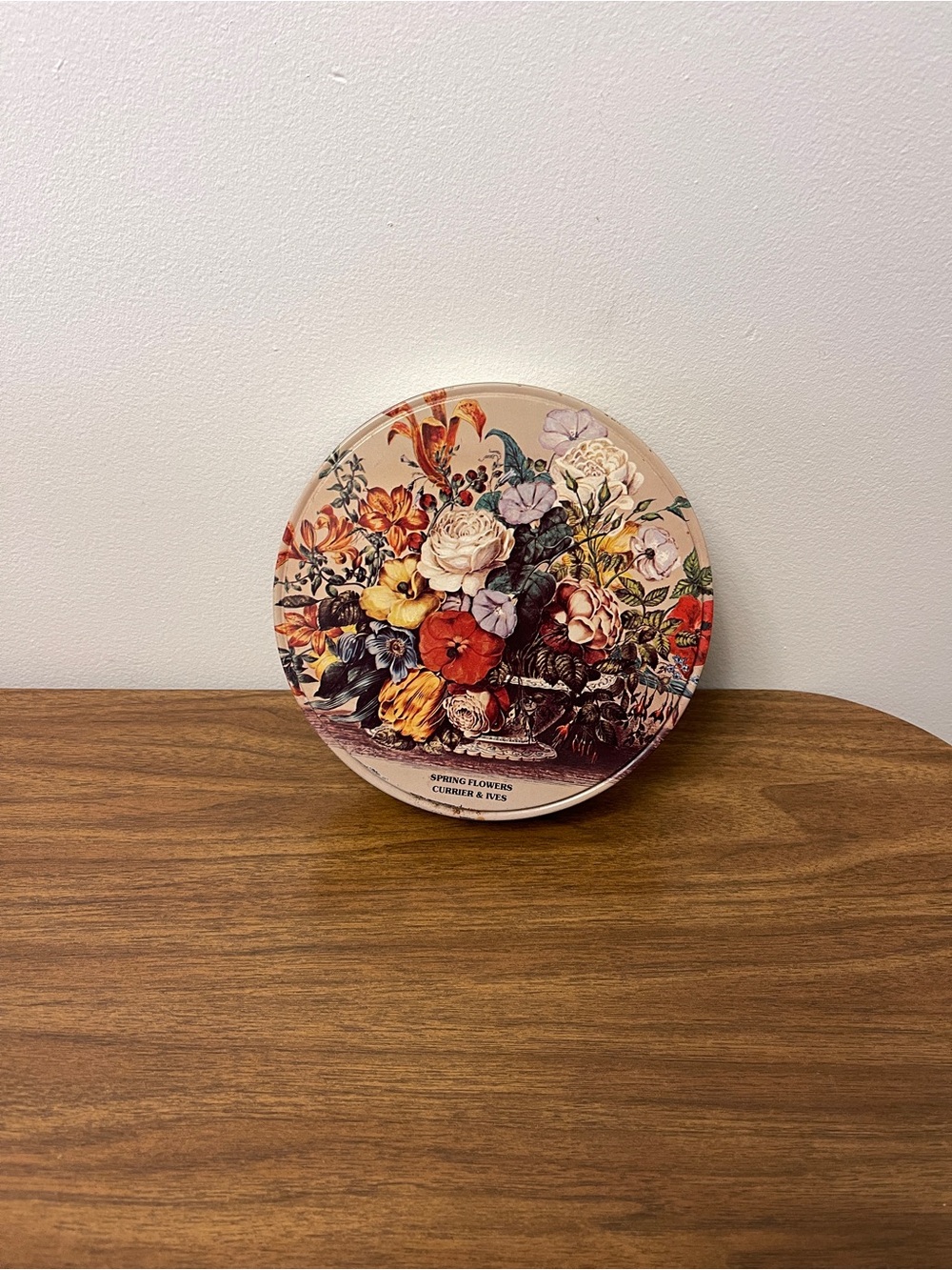 Vintage Currier & Ives Spring Flowers Round Tin